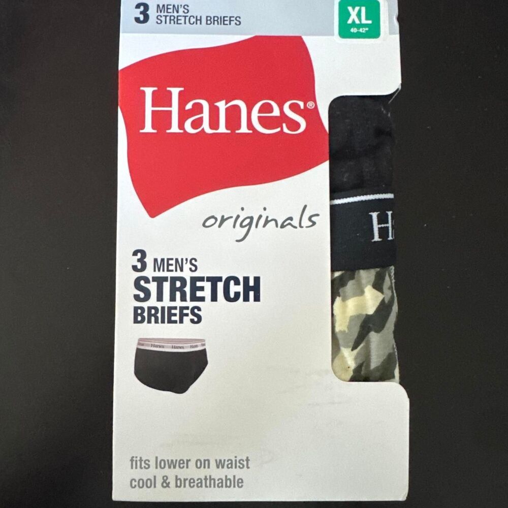 Hanes Men's Briefs 3-Pack in Black, Camo & Gray Cool & Breathable Stretch 40-42"